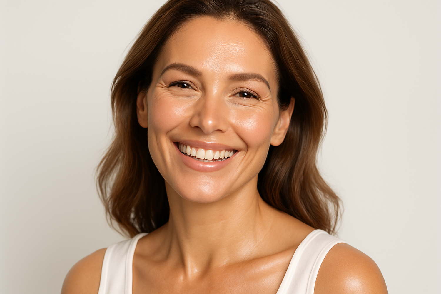 Fais une image d'un visage d'une femme ayant 40 ans souriante et contente de retrouver sa peau sans trop de ride, car elle a essayé le patchs NAD +